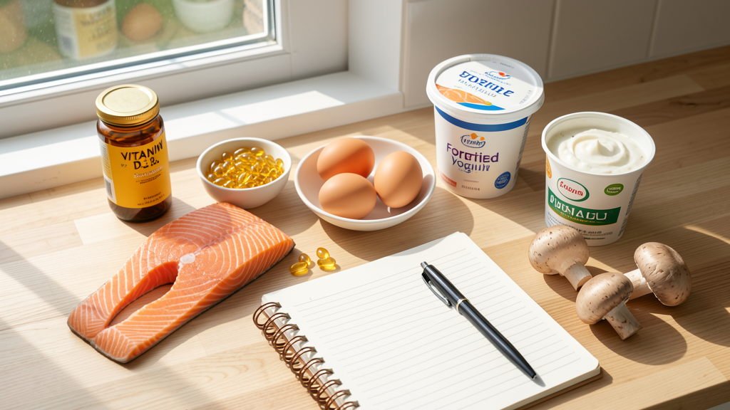 Vitamin D3 softgels with salmon, eggs, yoghurt and mushrooms on a kitchen bench