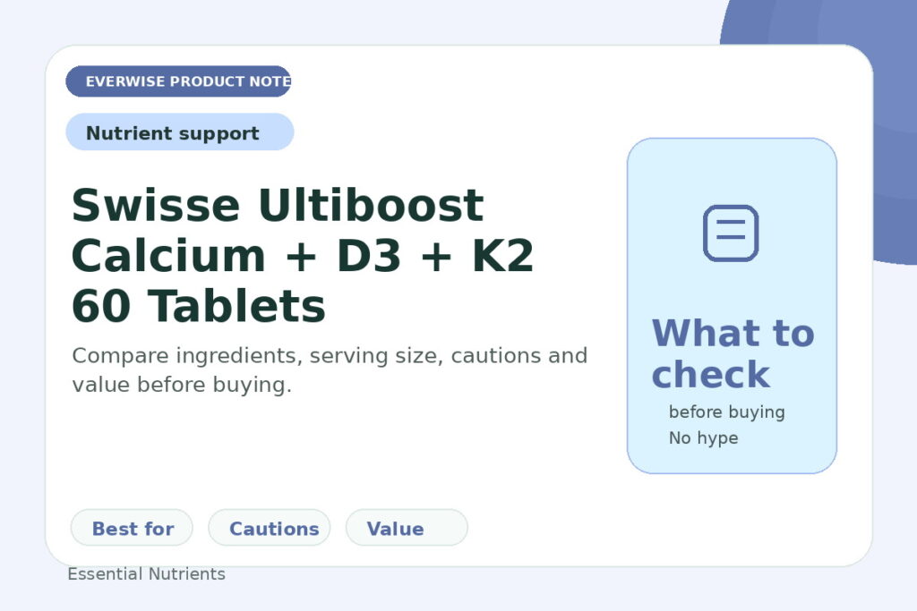 EverWise editorial product note image for Swisse Ultiboost Calcium + D3 + K2 60 Tablets — what to check before buying